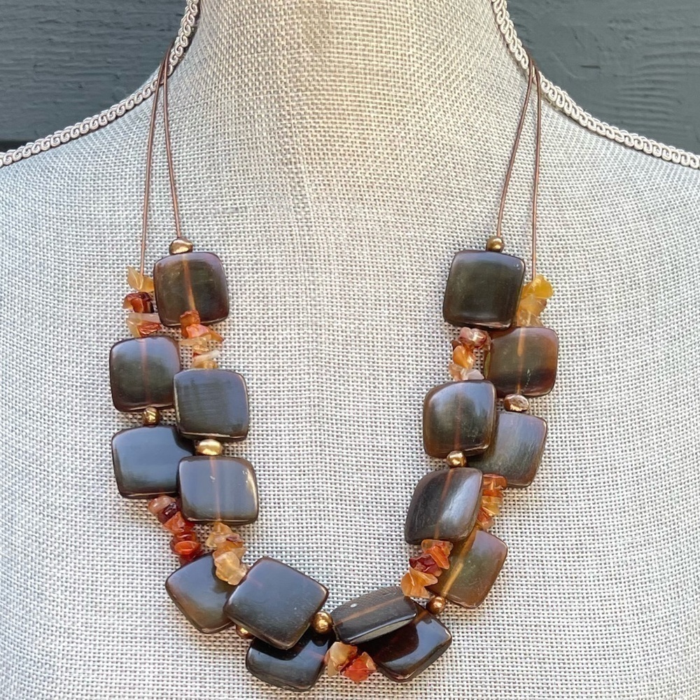 VINTAGE Necklace Brown Square Beads with Amber Colored Beads and Copper 25”- 30” - Picture 8 of 8